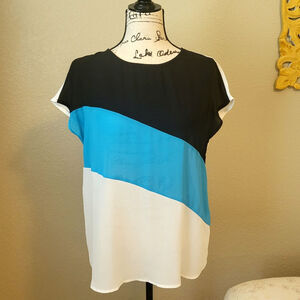Color Block Shirt - blue, black, white, sheer, cap sleeve, Size 6